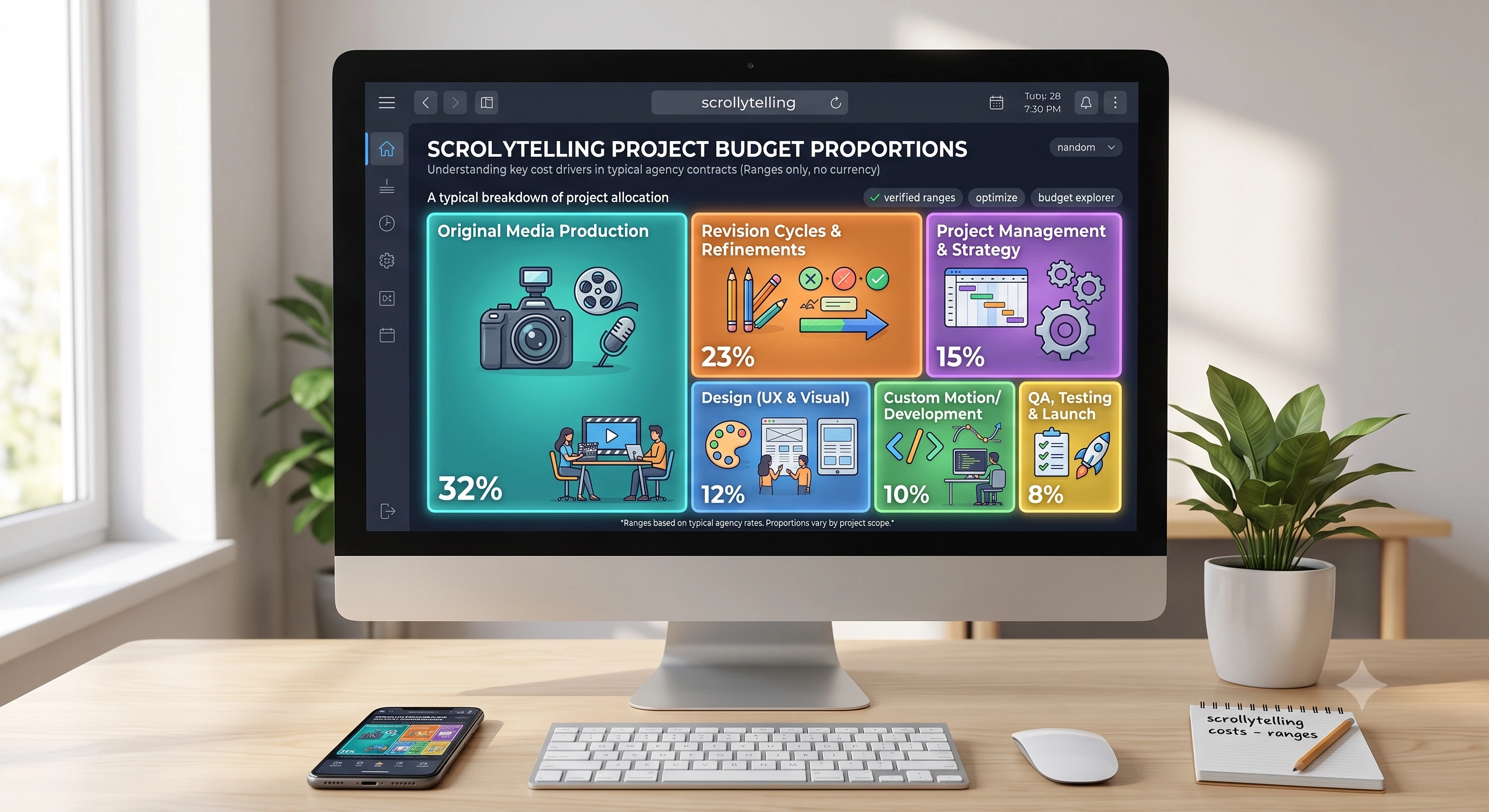 Breakdown of where budget goes in a commissioned scrollytelling project, from original media production and custom motion down to QA and project management