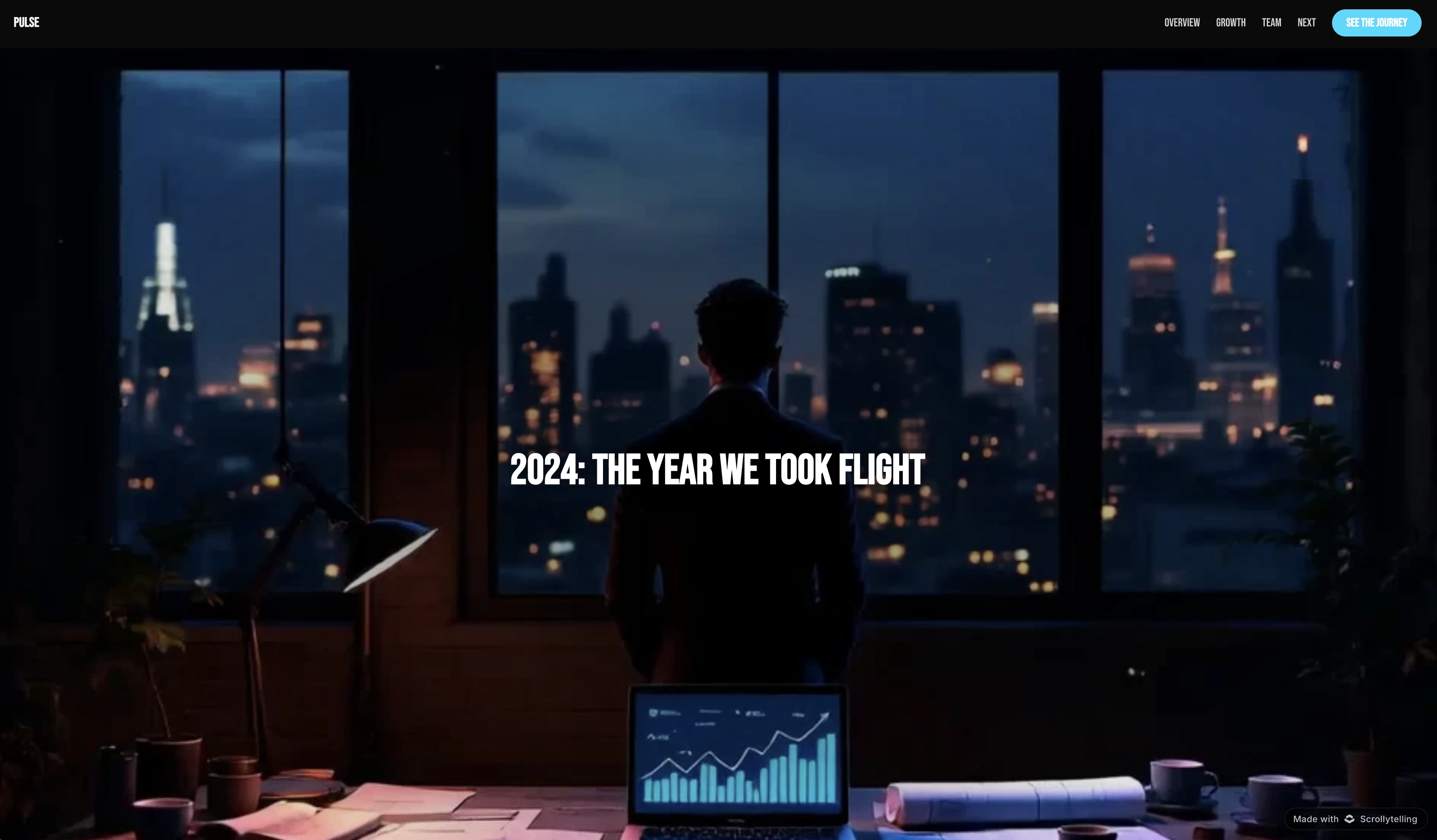 An interactive annual report opening screen, with the reporting year, a headline figure and a scroll prompt over a full-width image