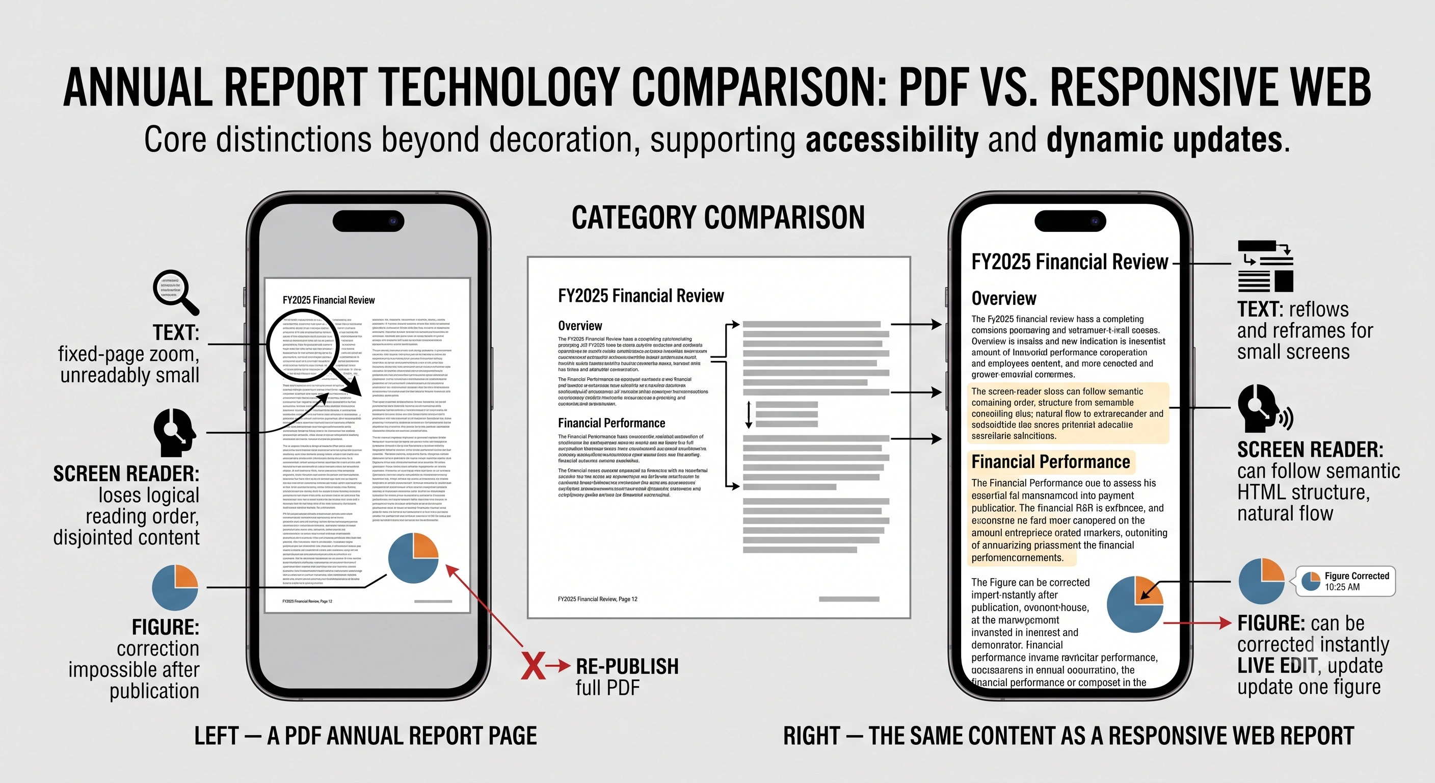 Side-by-side comparison of a PDF annual report page and the same content published as a responsive web report on a phone