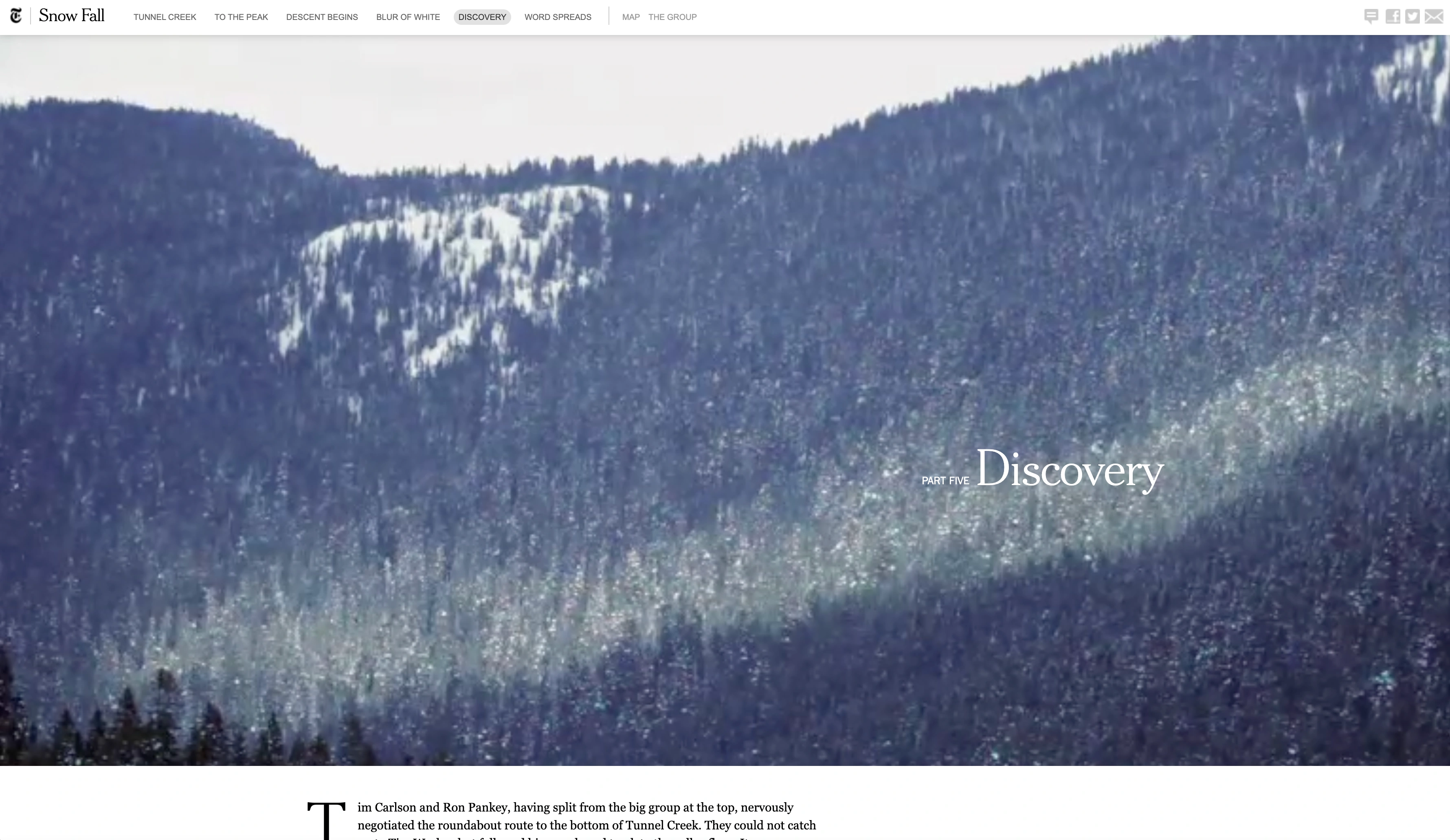 Screenshot of the opening chapter of Snow Fall, with a full-bleed snow-drift visual behind the headline and the first paragraphs of text