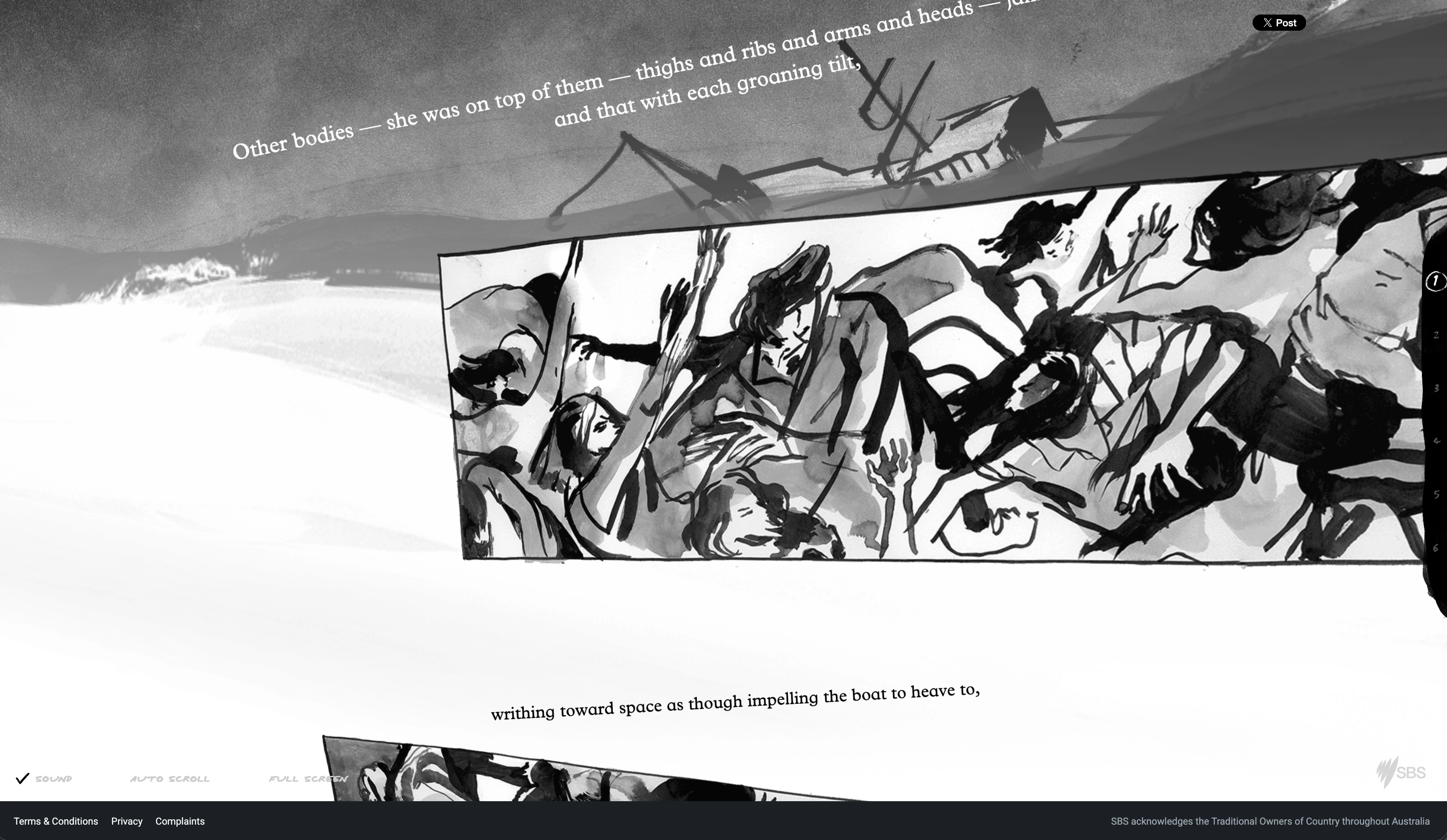 Screenshot of The Boat showing a brush-painted black ink illustration of a crowded refugee boat filling the screen, with a line of narration beneath it