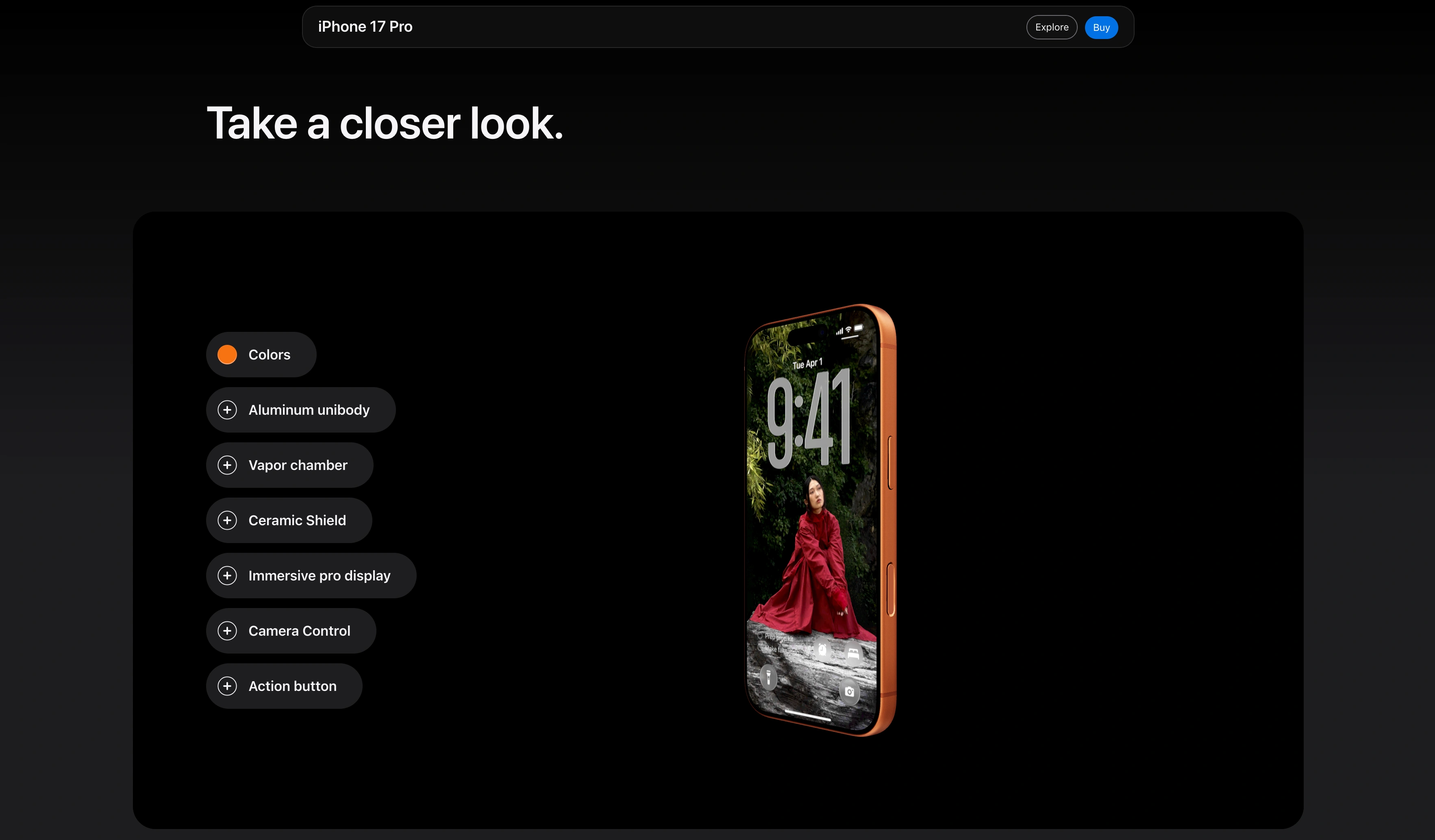 Screenshot of an Apple product page mid-scroll, with the product pinned centre-screen and a cutaway view of its internal components revealed