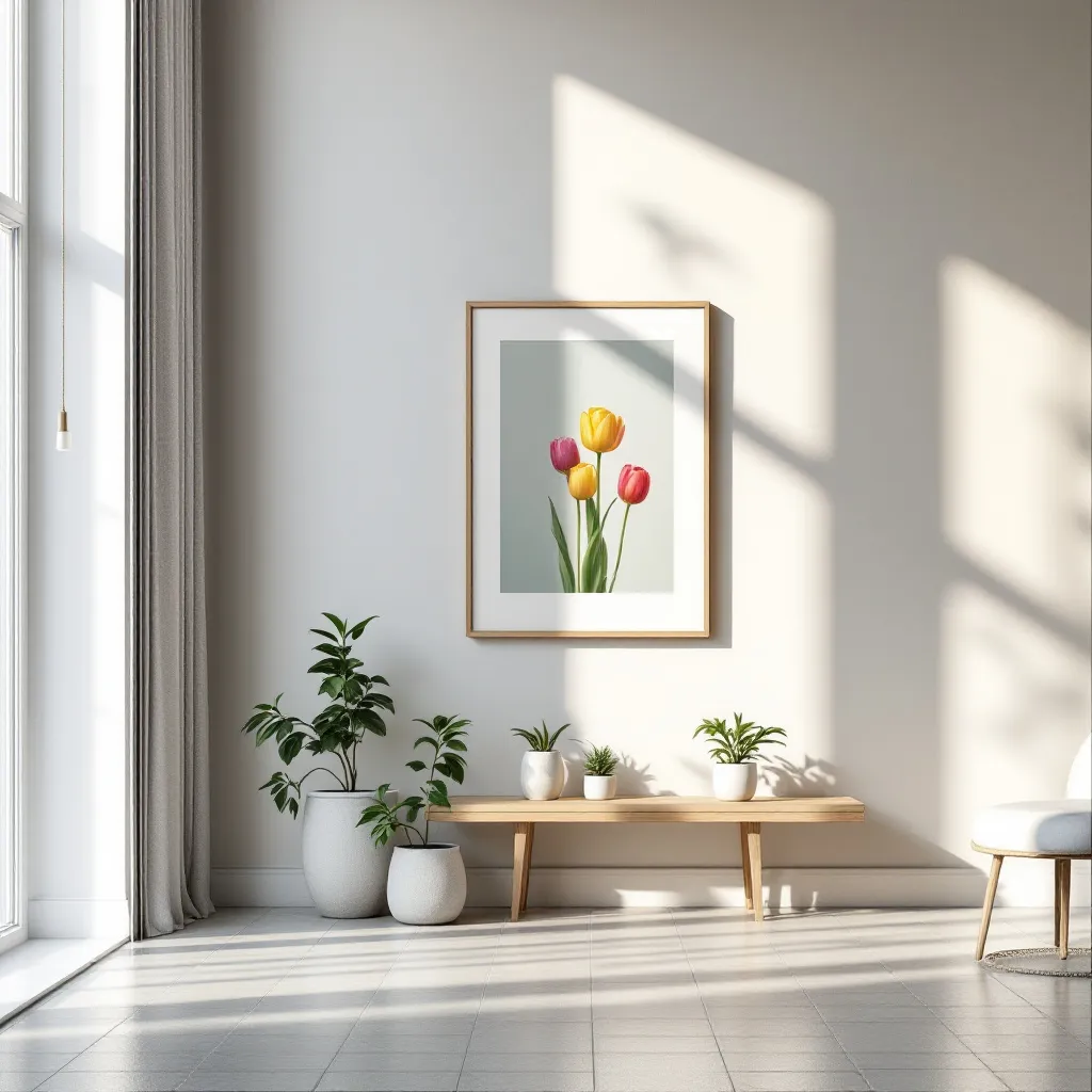 Tulips on Bright Blue print displayed on a white wall with indoor plants and natural sunlight