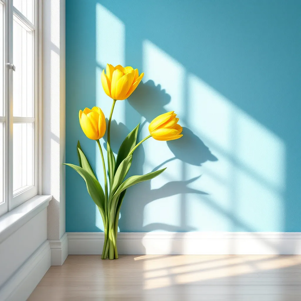 Tulips on Bright Blue print leaning against textured wall in natural light