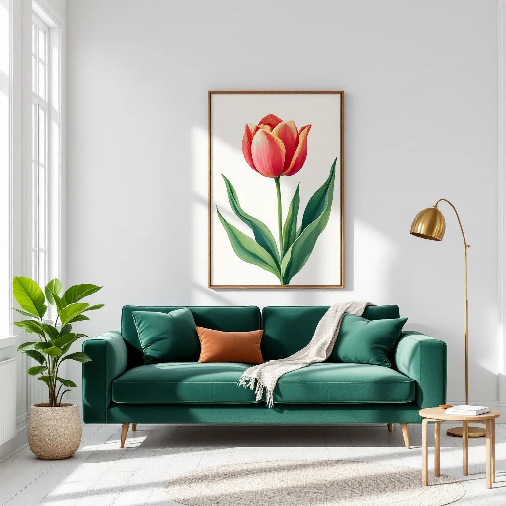 Tulips on Bright Blue print styled in a bright living room with velvet sofa and lush greenery