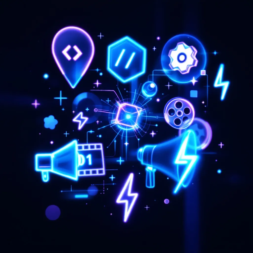 Glowing collage of service icons representing development, design, video, ads, and automation