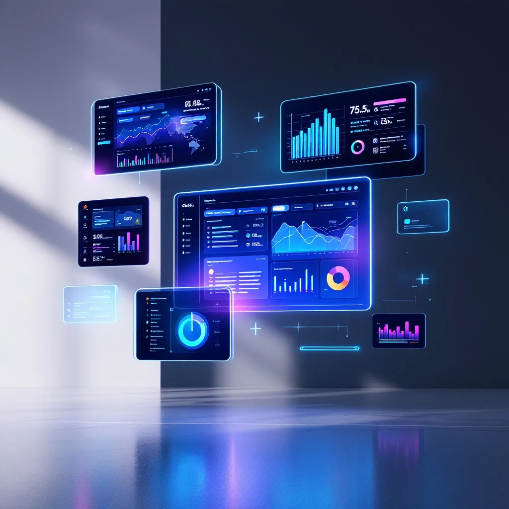Collage of pre-built SaaS dashboard interfaces with glowing cyan and purple UI elements
