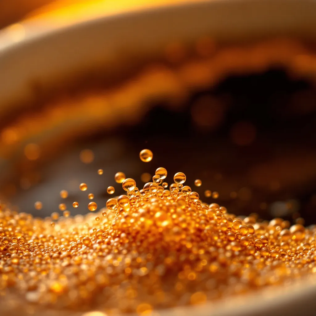 Microscopic view of espresso crema showing delicate bubbles and amber tones