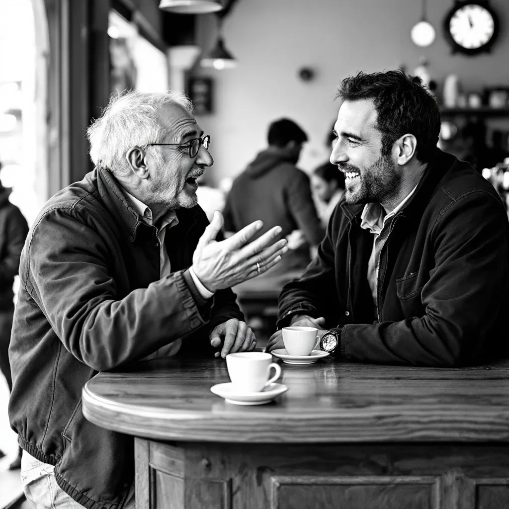 Two Italian men in conversation at standing espresso bar