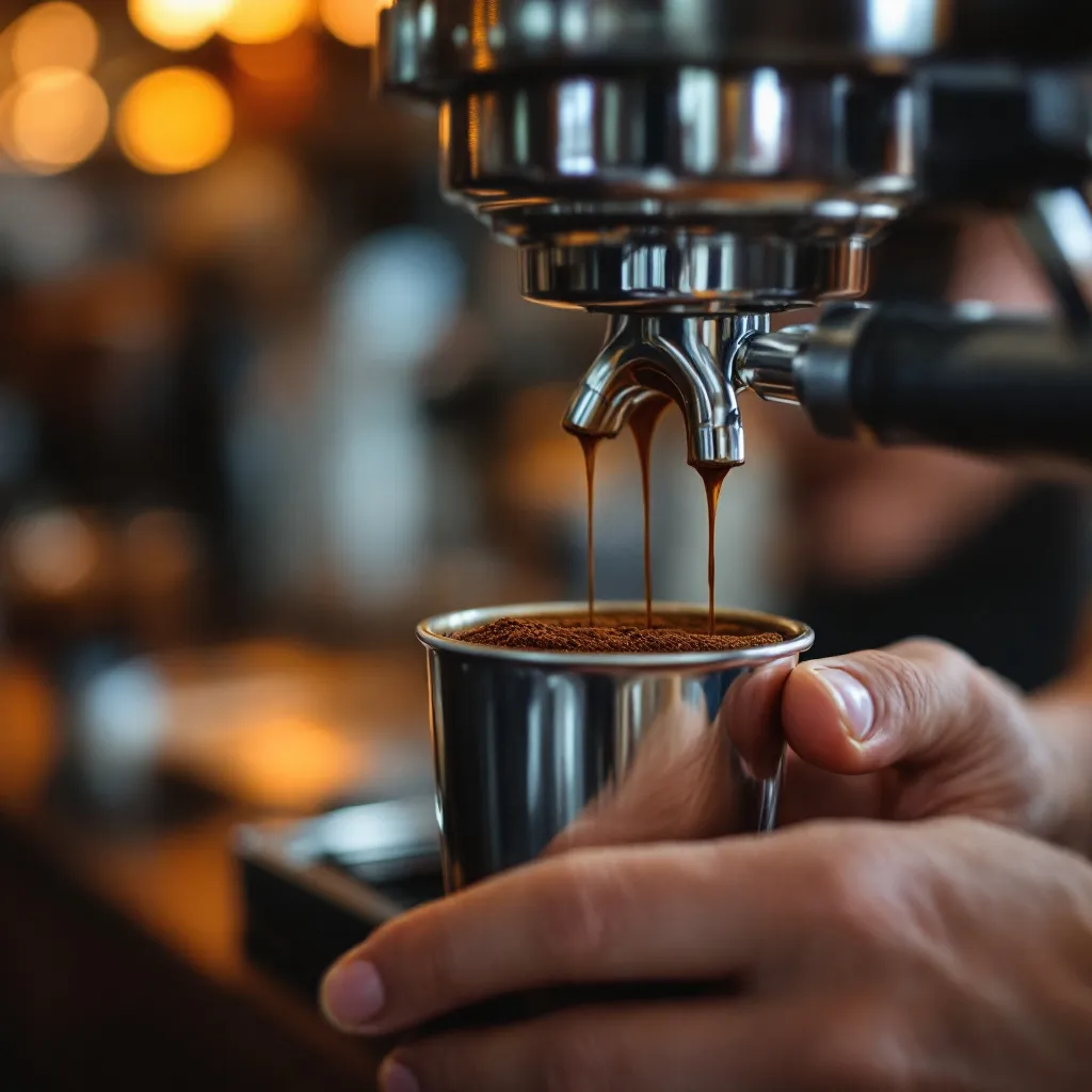 Barista hands tamping espresso grounds with precision