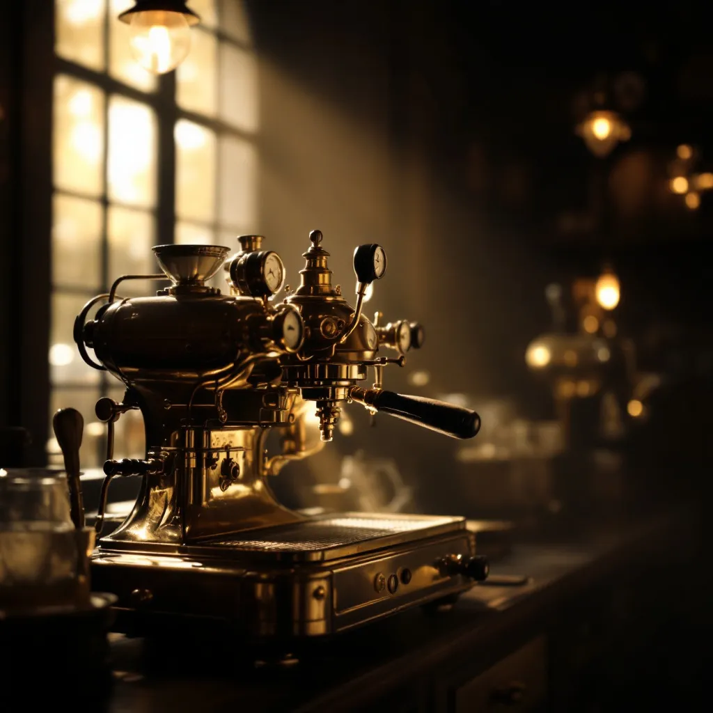 Vintage brass espresso machine with steam valves in a dimly-lit Italian café
