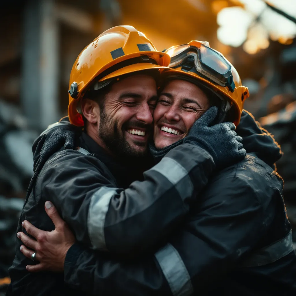 Διασώστες αγκαλιάζονται μετά από επιτυχή διάσωση, γεμάτοι συγκίνηση και ανακούφιση