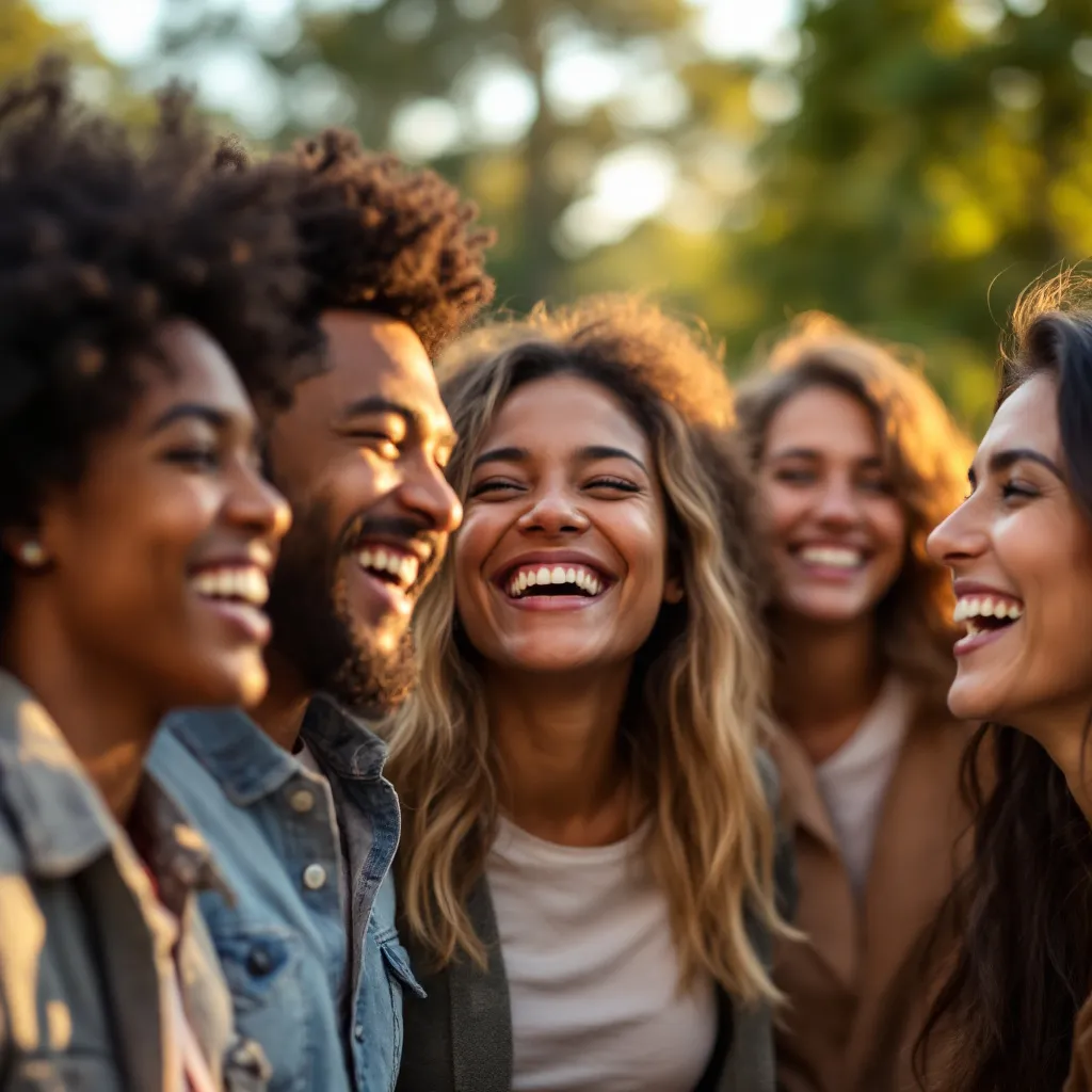 Diverse group of people celebrating together outdoors at golden hour