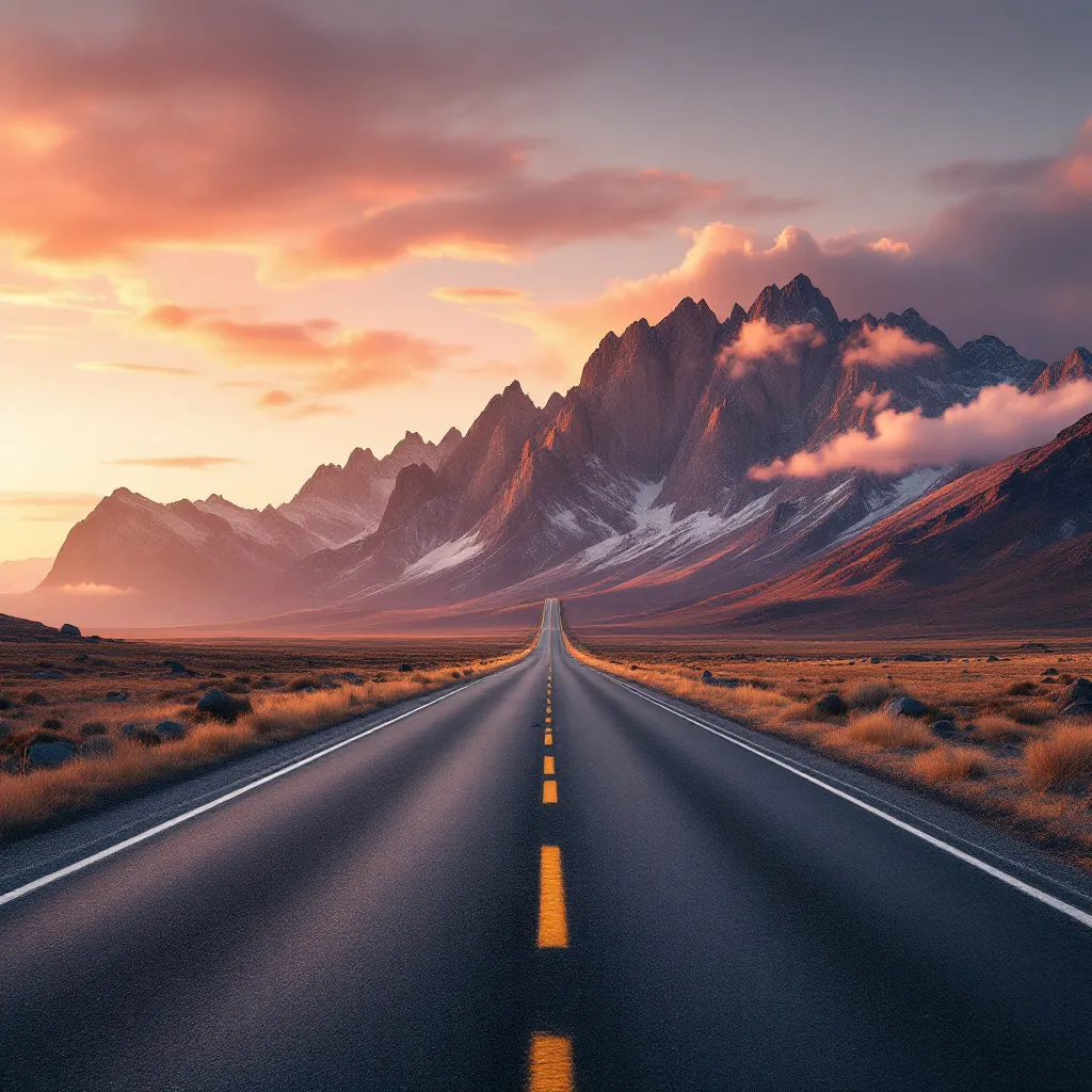 Open road leading to mountains at golden hour