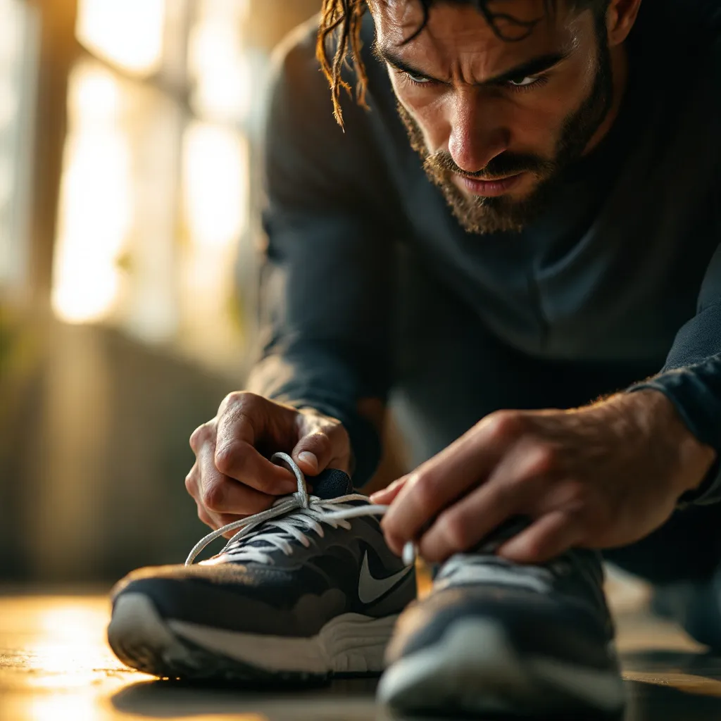 Athlete tying shoes in morning light, preparing for workout