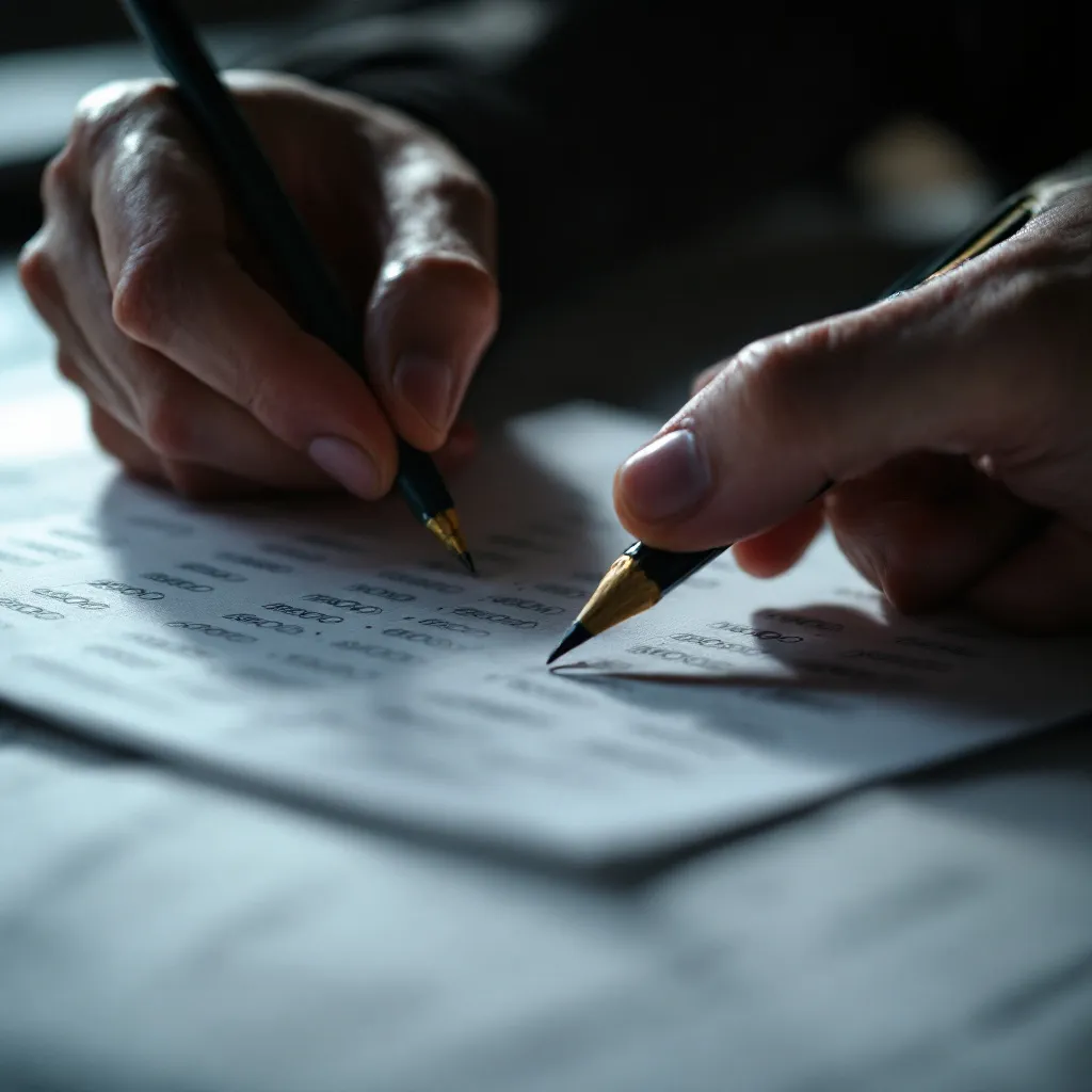 Close-up of hands gripping a test paper with pencil, dramatic lighting