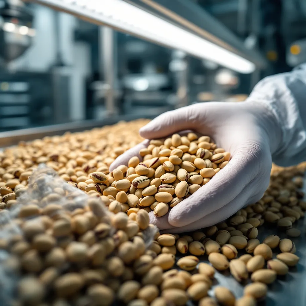 Quality control inspector examining pistachio samples under calibrated lighting in modern laboratory