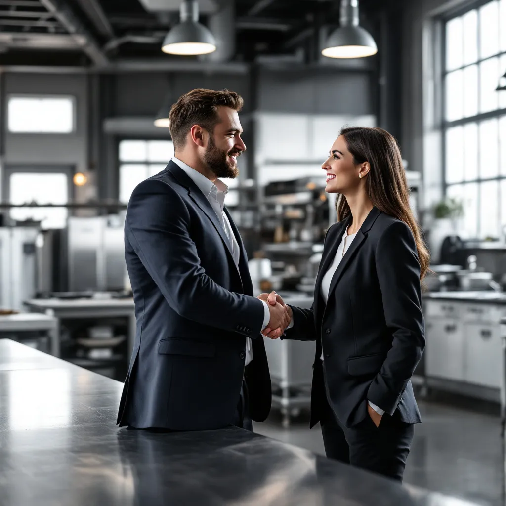 Professional handshake in modern food facility, collaborative business atmosphere