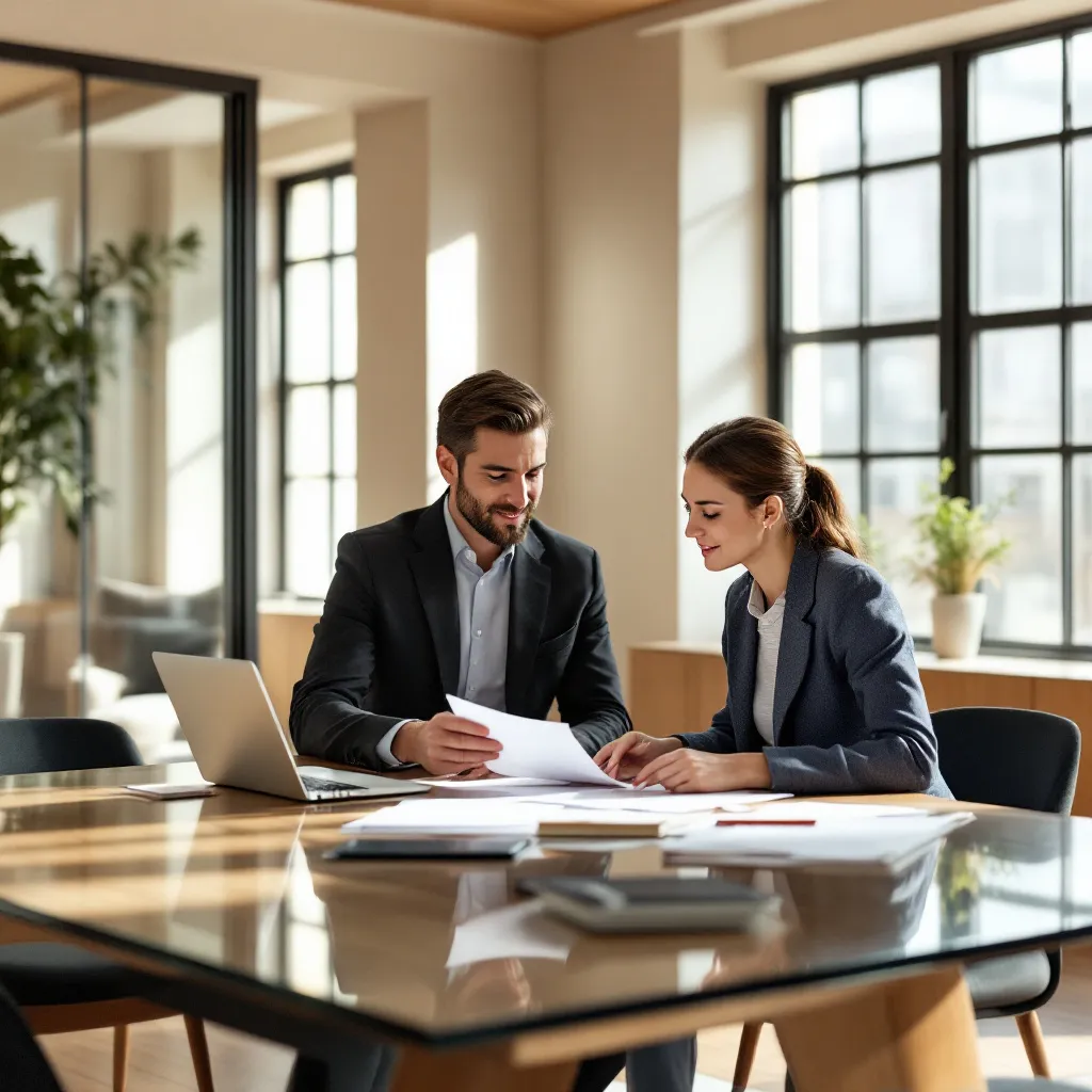 Two professionals reviewing product samples and technical documents together at a table