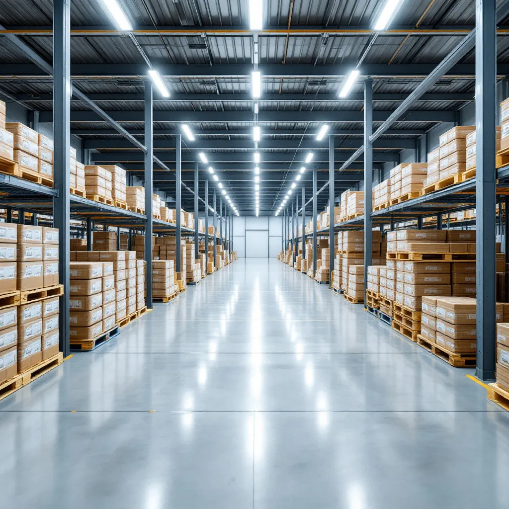 Neatly stacked pallets of packaged products in a modern cold-storage warehouse