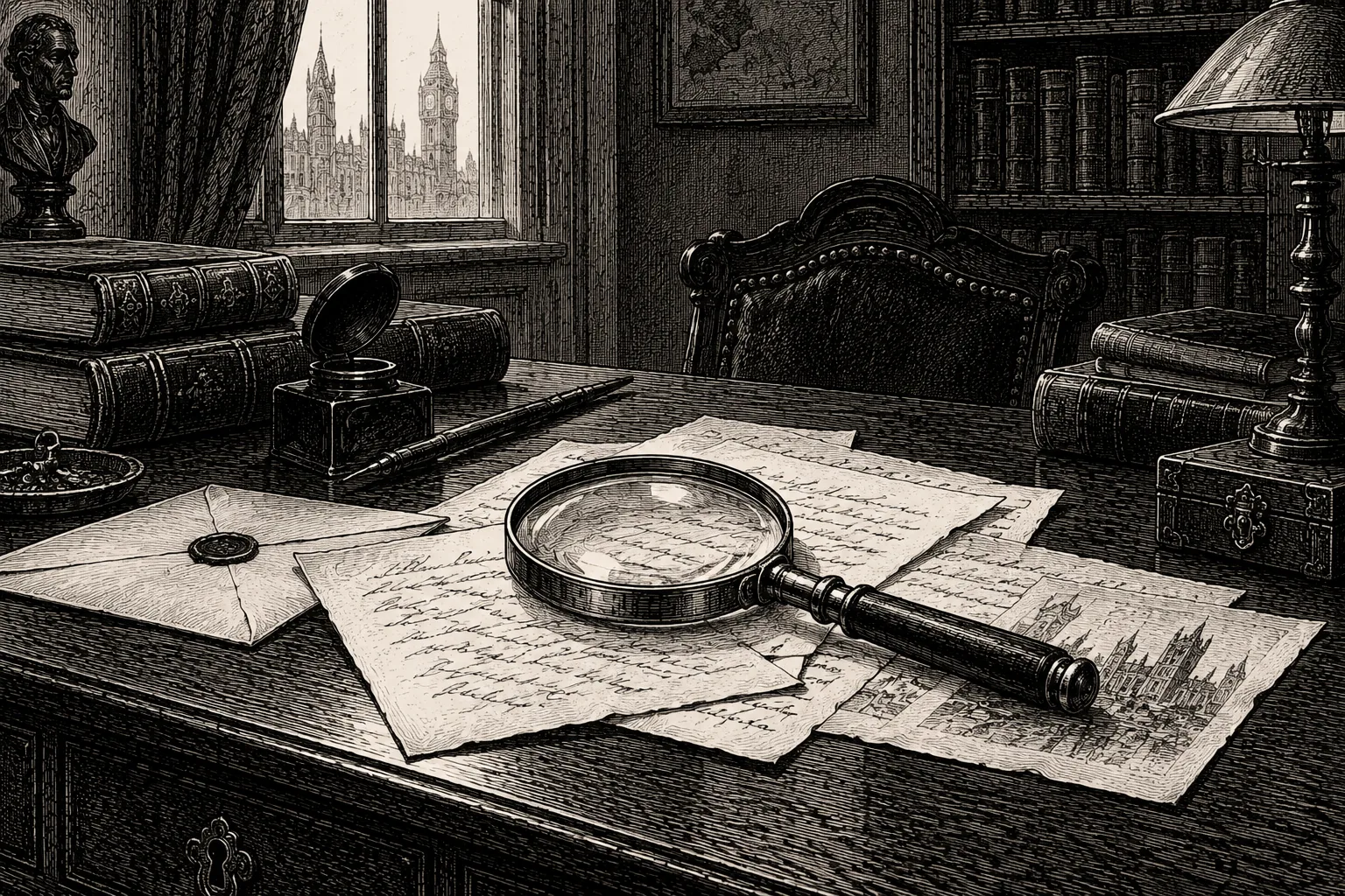 Vintage magnifying glass lying atop scattered 19th-century documents and letters