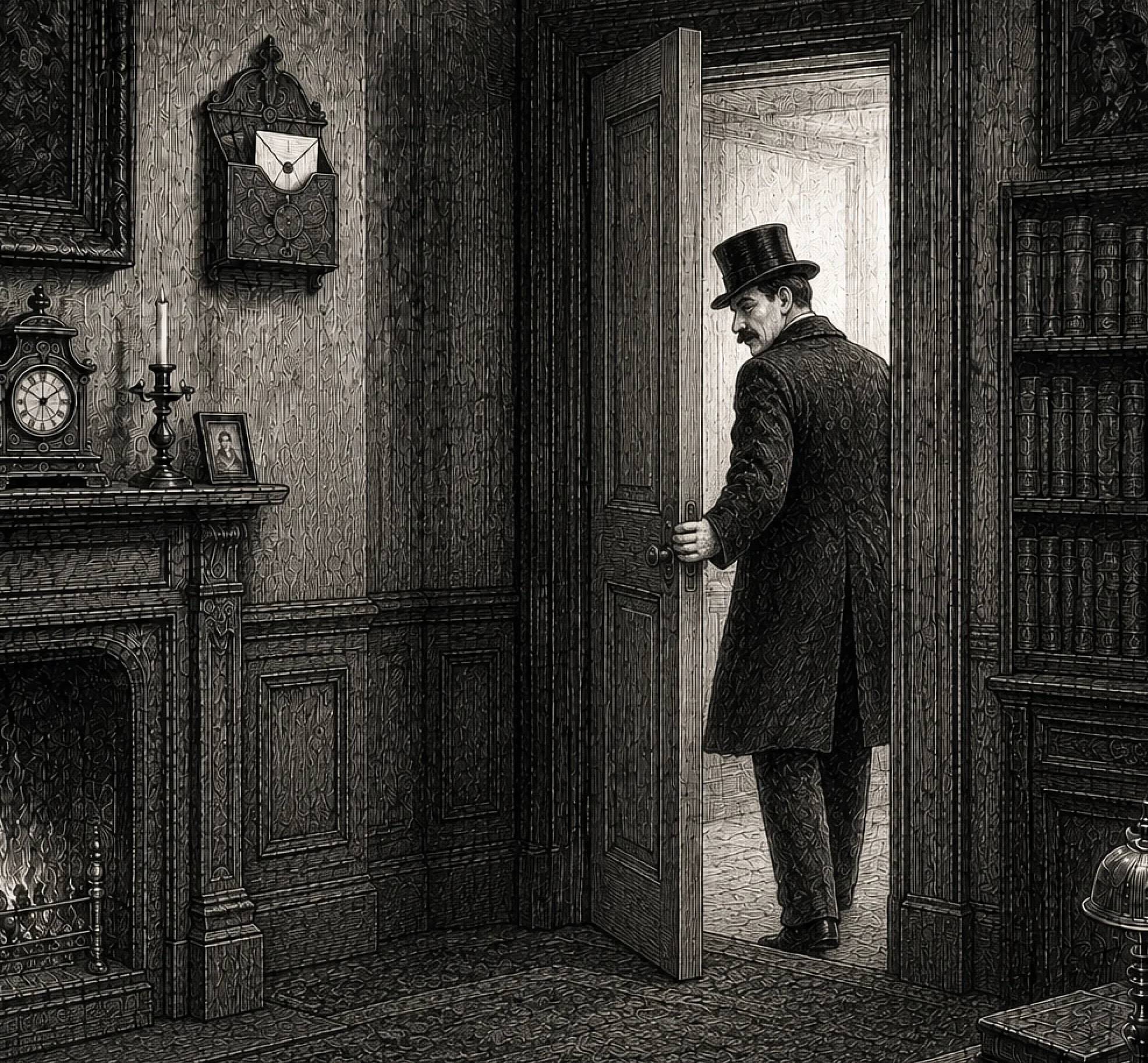 Open door with motion blur of a figure rushing through, coat-tails flying, dramatic interior lighting