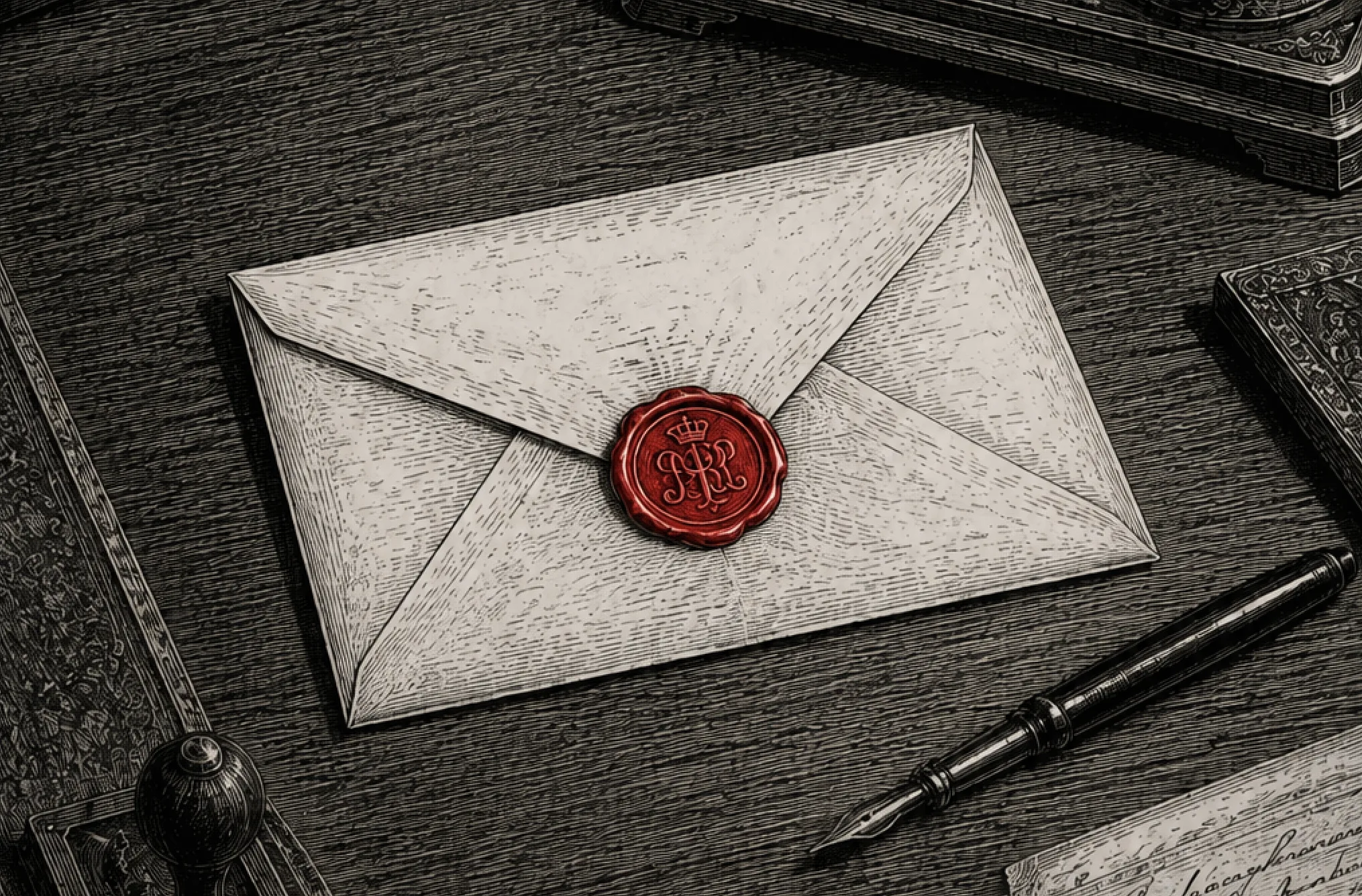 Close-up of a letter half-concealed among period calling cards and correspondence on a Victorian mantelpiece