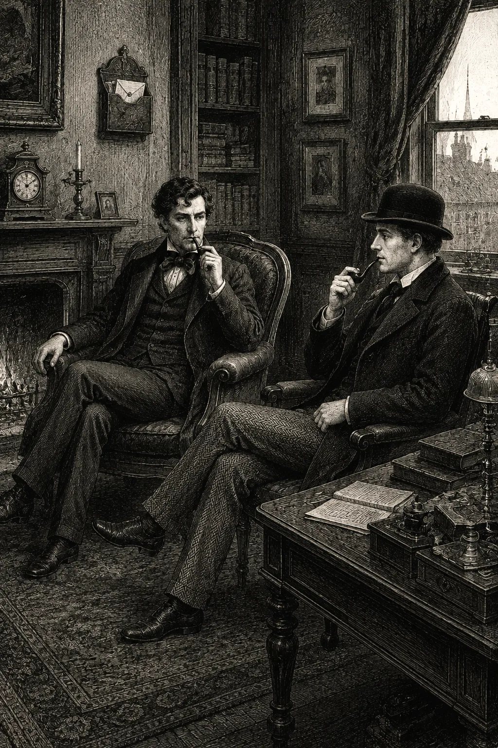 A dimly lit 19th-century Parisian library with books, pipe smoke curling through lamplight