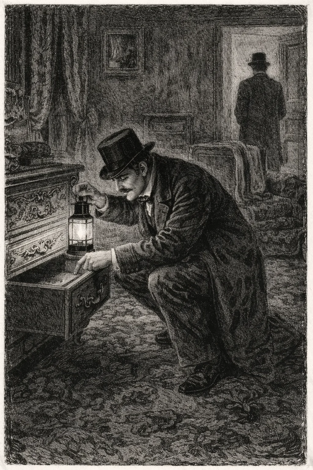 Detective's hand holding magnifying glass examining ornate chair leg in dim lamplight