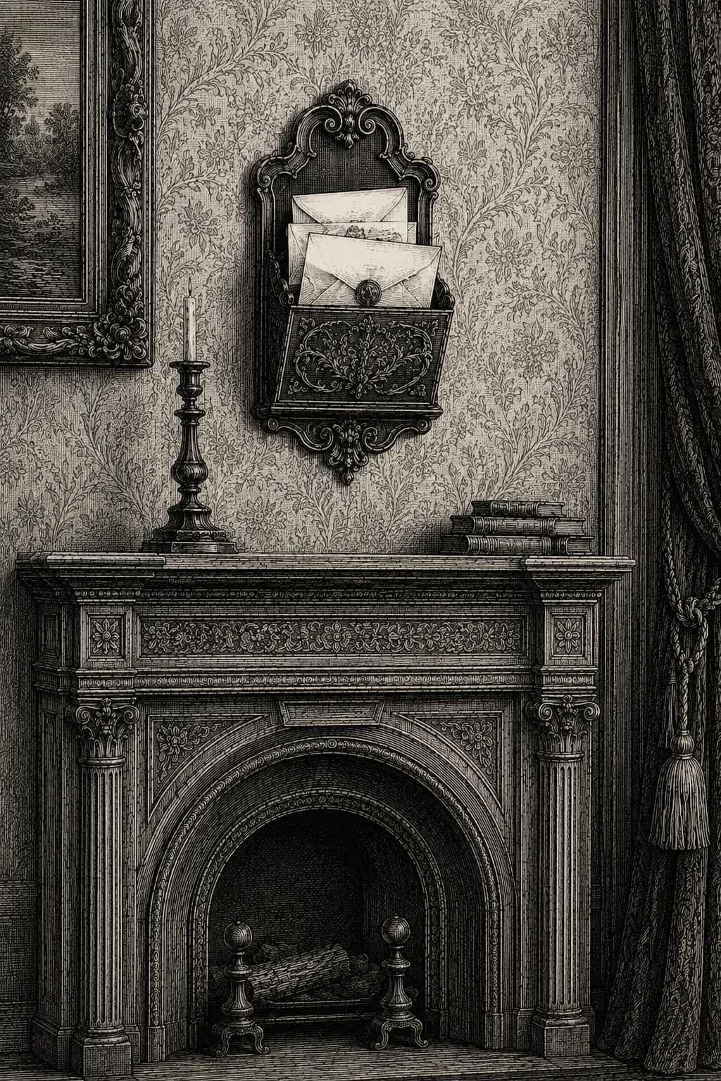 A letter lying openly on a mantelpiece among calling cards and invitations, bathed in dramatic window light