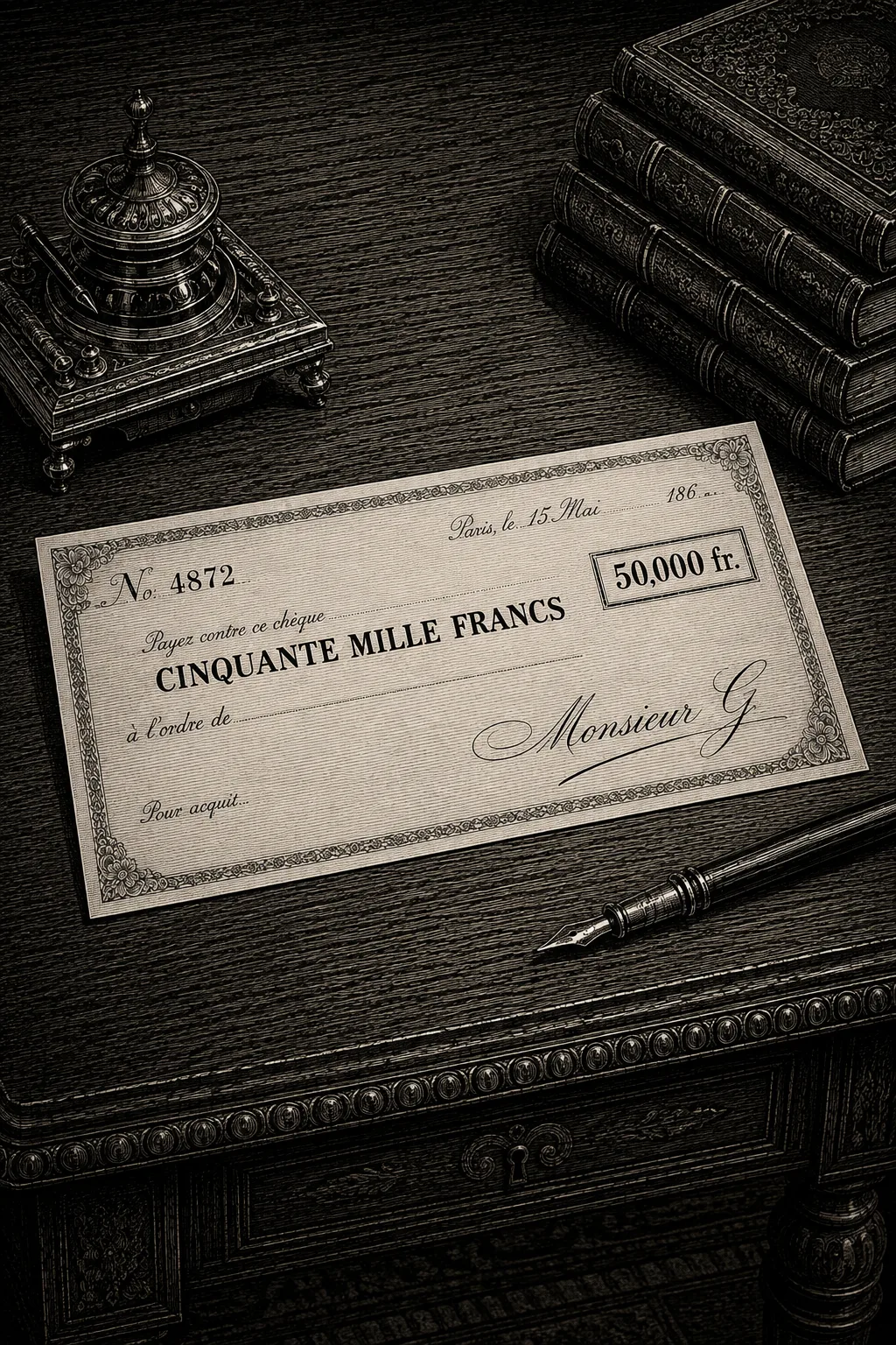 Close-up of a hand signing a check with an ornate fountain pen, period details visible