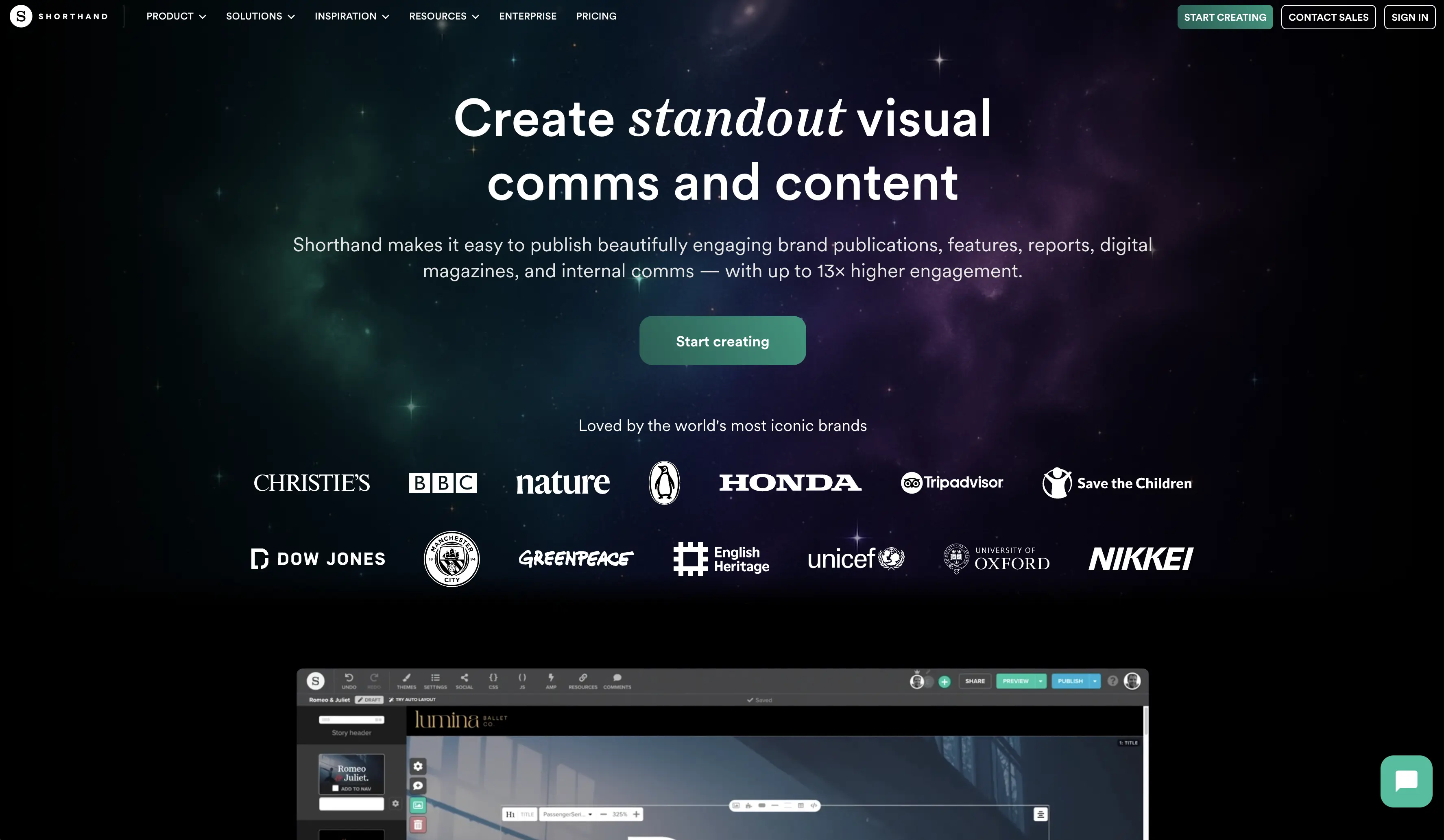 Shorthand digital storytelling platform interface